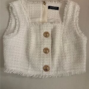 Balmain Cream Tweed Crop Top with Gold Accents